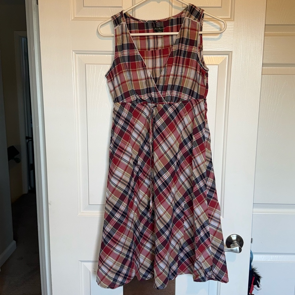 Eddie Bauer 100% Cotton Shirt Dress Red Blue Plaid Check Womens Size T4